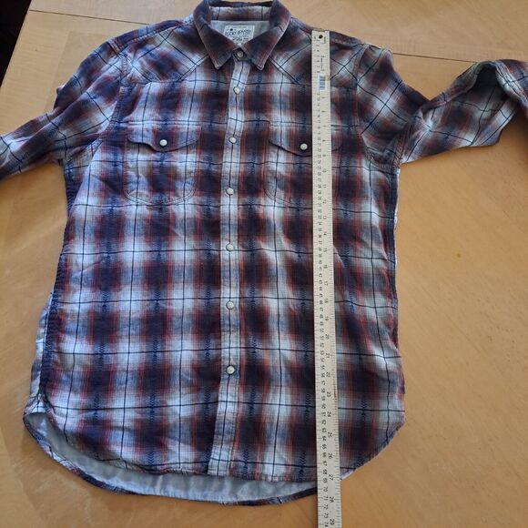 Lucky Brand Button Up Shirt Mens Size M Red Blue White Plaid Flannel Pearl Snap - Picture 11 of 16